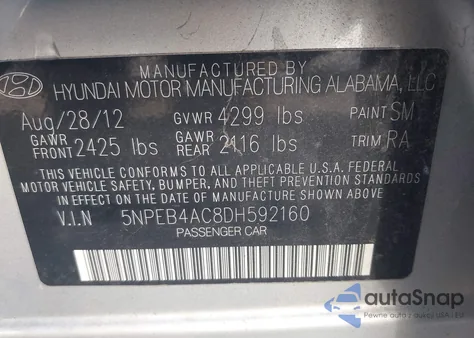 2013 Hyundai Sonata Gls z USA, uszkodzony, nr VIN 5NPEB4AC8DH592160